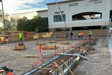 Footing trenches with rebar and concrete forms at The Industry Studios site, Henderson NV