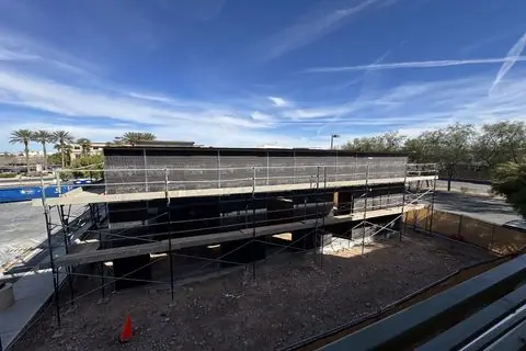 Scaffolding around The Industry Studios building for exterior stucco, Henderson NV