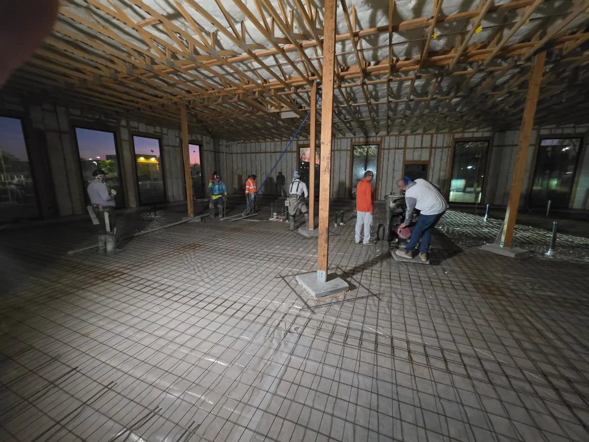 Crew preparing the rebar mat before the slab pour at The Industry Studios, Henderson NV