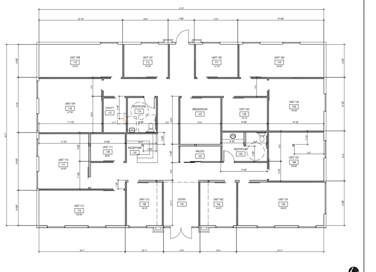 Floor plan of The Industry Studios showing private suites around a central reception, breakroom and restrooms, 2831 W Horizon Ridge Pkwy, Henderson NV